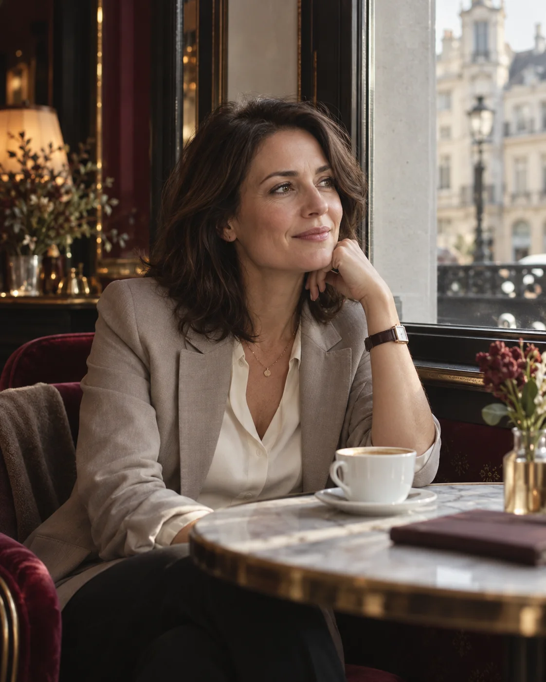 Une femme profite d’un moment pour elle dans un café lumineux.